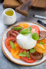 Caprese salad with various types of tomatoes, mozzarella and green basil, vertical shot, closeup