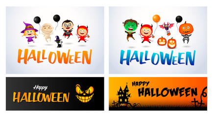 Halloween white, black, orange banner set with monsters