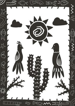 cordel style illustration of a group of birds chirping among cactus trees