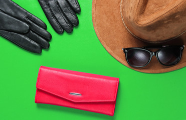 Women's fashion accessories. Red leather wallet, sunglasses, gloves close-up on green background