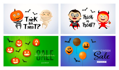 Trick or treat white, green, blue banner set with monsters