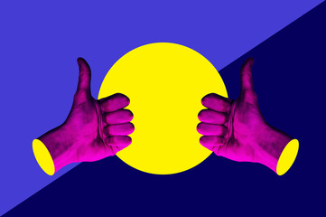 Contemporary minimalistic art collage in neon bold colors with hands showing thumbs up. Like sign...