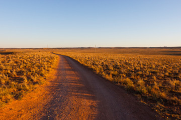 Shash Dine Navajo campsite, AZ, USA. A single dirt track winds towards the horizon though desert scrubland.