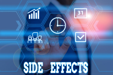 Fototapeta premium Writing note showing Side Effects. Business concept for secondary undesirable effect of a drug or medical treatment Male wear formal work suit presenting presentation smart device