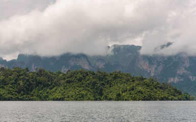 Beautiful of cloud, mountain and lake view in Suratthani, Thailand. 