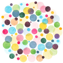Watercolor rainbow colored circles scattered around. Colorful confetti background. Abstract watercolor circles, watercolor art hand paint.