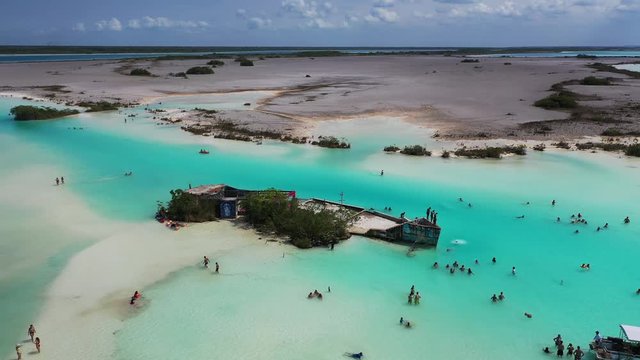 Aerial shot of a ship wreck that was abandoned in the Pirates Channel. Quintana Roo. Bacalar, Mexico. 