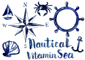 nautical elements with compass, crab, shell and helm. Set of icons and decorations.