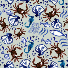 Crab, seahorse, shells, fish. Nautical pattern