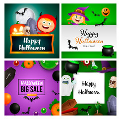 Happy Halloween green, violet banner set with devil, witch