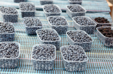  Boxes with blueberry from farmers market. Vitamin healthy food ready to eat.Blueberry antioxidant organic superfood concept for healthy eating and nutrition