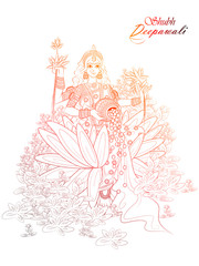 illustration of Goddess Lakshmi on Happy Diwali Holiday doodle background for light festival of India