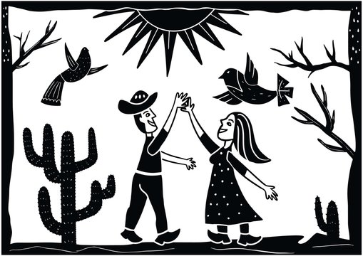 illustration of cordel style meeting a pair of lovers in the middle of the desert
