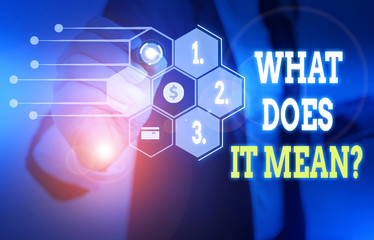 Text sign showing What Does It Mean Question. Business photo text Give me the meaning of something Definition Woman wear formal work suit presenting presentation using smart device