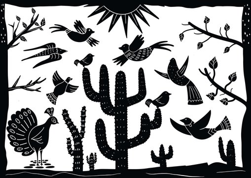 cordel style illustration of a group of birds chirping among cactus trees