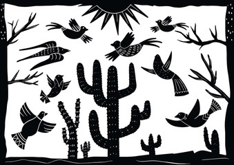 cordel style illustration of a group of birds chirping among cactus trees