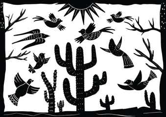 Foto op Canvas cordel style illustration of a group of birds chirping among cactus trees © Karmini