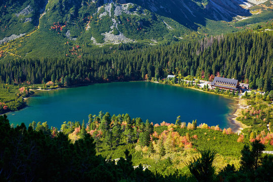 Poprad lake among  peaks and autumn forests in High Tatras mountains, Slovakia