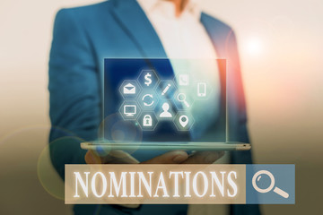 Word writing text Nominations. Business photo showcasing the act of officially suggesting someone...