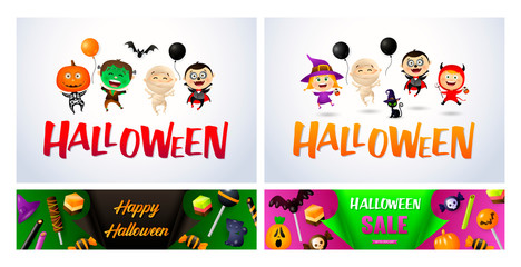 Halloween white, green, pink banner set with monsters
