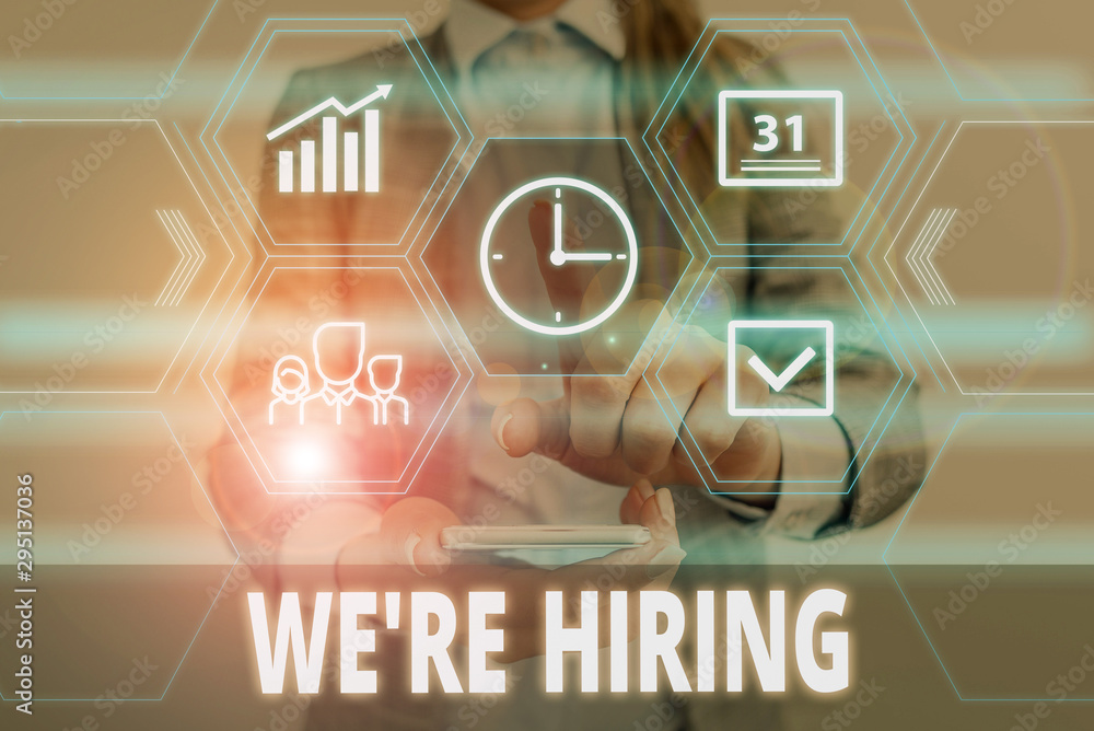 Poster writing note showing we are re hiring. business concept for process of reviewing applications and fi