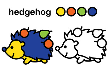 coloring book hedgehog, cute, cartoon character with apple, flat style.