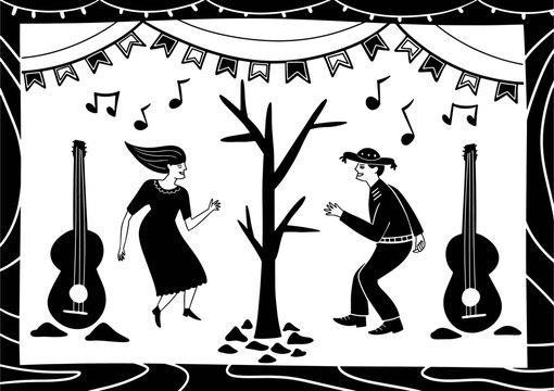 a pair of lovers dancing and playing music on rocky ground. illustration of cordel style