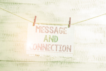 Writing note showing Message And Connection. Business concept for a word or letter sent to someone and it was received Clothesline clothespin rectangle shaped paper reminder white wood desk
