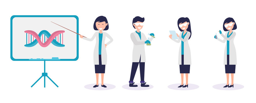 set of male and female scientist in uniform lab holding chemistry glass and wearing lab glasses. female scientist teaching student vector illustration