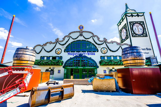 Munich, Germany - September 3: setup of the  fairground rides and beertents at the biggest folk festival in the world - the octoberfest on september 3, 2019 in munich.