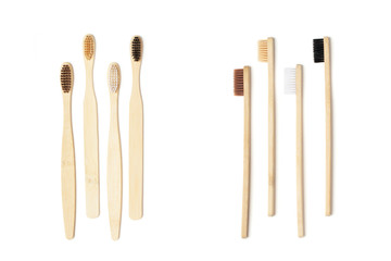 Four eco-friendly bamboo toothbrushes in two ways isolated on the white background. Zero waste concept, plastic-free, organic, eco-friendly shopping