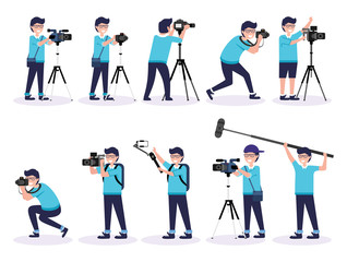 Fototapeta premium set of photographer taking picture. cameramen taking video using tripod. man holding boomer vector illustration