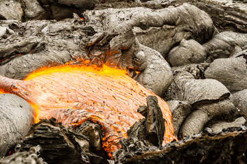 Boiling flowing lava flow. Eruption of Volcano Tolbachik, Kamchatka Peninsula, Russia