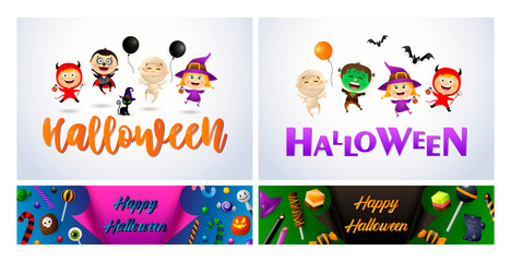 Halloween pink, white, green banner set with monsters