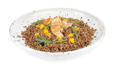 Delicious buckwheat porridge with meat on white background