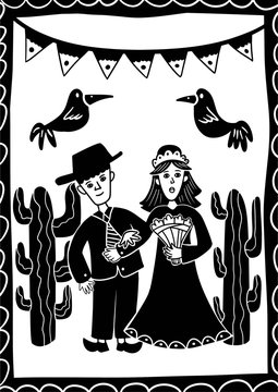 a married couple in the cactus desert. illustration of cordel style