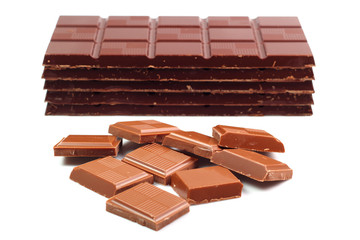 Dark Chocolate Tablet Stack and Milk Chocolate Bars. Isolated on