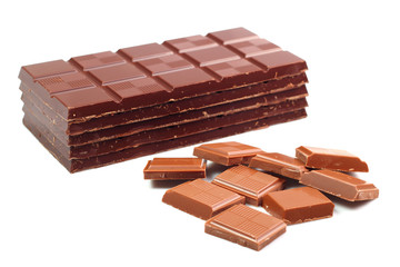 Dark Chocolate Tablet Stack and Milk Chocolate Bars. Isolated on