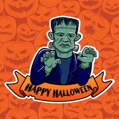 the man in Frankenstein's fancy dress vector illustration. zombie halloween costume character with the inscription happy Halloween sticker