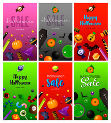 Halloween green, red, purple banner set with sweets, coffin