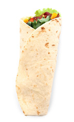 Delicious meat tortilla wrap isolated on white, top view
