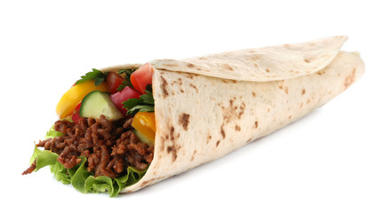 Delicious meat tortilla wrap isolated on white