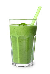 Glass of healthy green smoothie with fresh spinach on white background