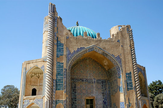 The Shrine of Khwaja Abu Nasr Parsa (Green Mosque) in Balkh, Afghanistan. The shrine is ornately decorated with mosaics and stylized quranic calligraphy. Mosque in Balkh, northern Afghanistan.