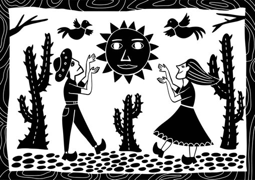 a person dancing in a cactus desert in the hot sun. illustration of cordel style
