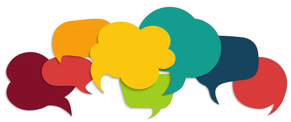 Colored speech bubble. Communication concept. Social network. Colored cloud. Speak - discussion - chat. Symbol talking and communicate. Friendship and dialogue diverse cultures - obrazy, fototapety, plakaty