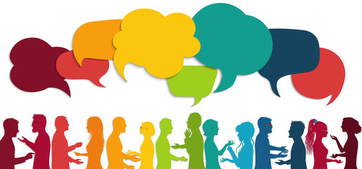 Communication group people. Speech bubble cloud. Talking crowd. Network silhouette profile. Communicate. Community diverse people. Social networking information - obrazy, fototapety, plakaty