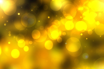 A festive abstract Happy New Year or Christmas texture background and with gold yellow color blurred bokeh lights and stars. Space for design. Card concept or advertising.