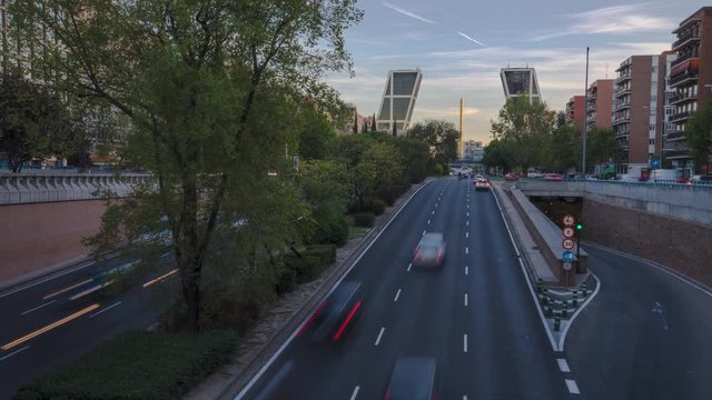 Timelapse traffic during rush hour in Paseo de la castellana, north entrance of Madrid, Spain