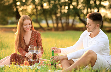 Fototapeta premium Young man and his girlfriend having picnic in green park